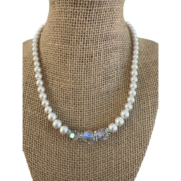 Vintage Faux Pearl Swarovski AB Crystal Necklace Toggle Clasp Choker Collar 17" - Picture 1 of 4
